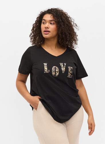 T-Shirt aus Baumwolle mit V-Ausschnitt, Black Love Leo, Model image number 0