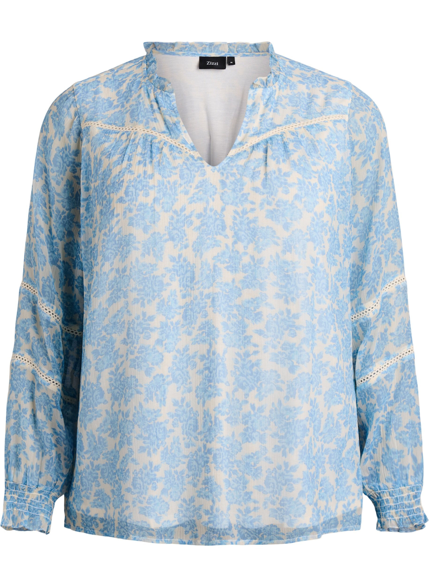 Zizzi Chiffonbluse mit Blumenprint und H&auml;kelborte, Blau, Packshot image number 0