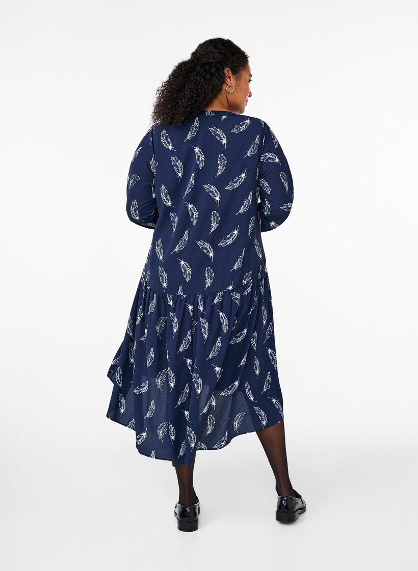 Midi-Kleid mit langen Ärmeln, Navy B. Feather AOP, Model image number 1