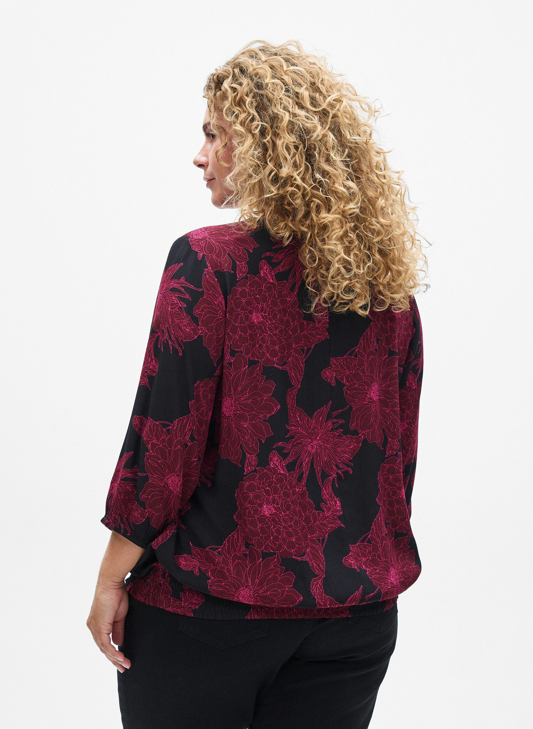 Zizzi Bluse aus Viskose mit Blumenmuster und Smok, Dunkles Bordeaux, Model image number 2