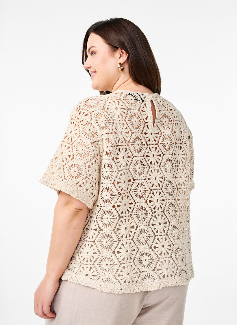 Häkelbluse mit kurzen Ärmeln, Beige, Model image number 2