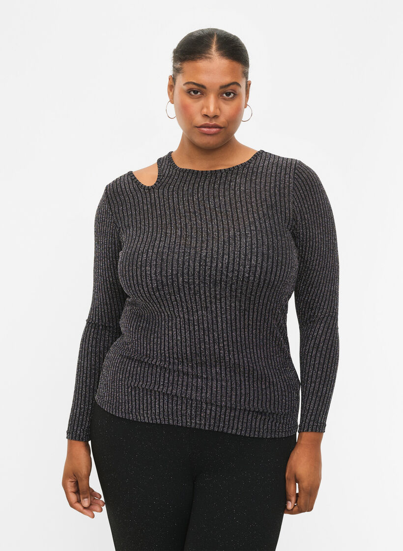 Langärmelige Bluse mit Glitzerausschnitt, B. w. Silver Stripes, Model image number 0