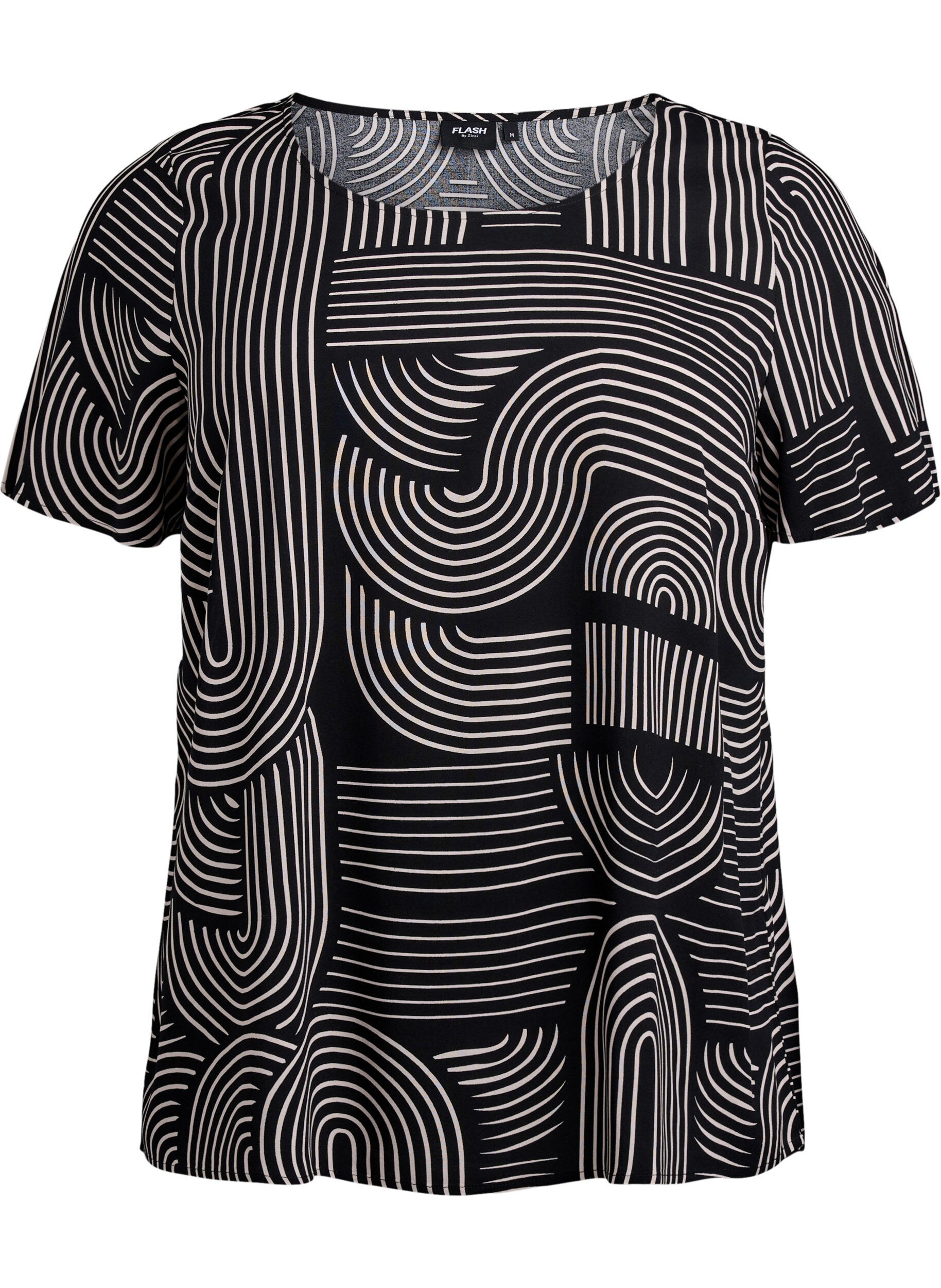 ZizziKurzarmbluse aus Viskose mit Aufdruck, Schwarz, Packshot image number 0