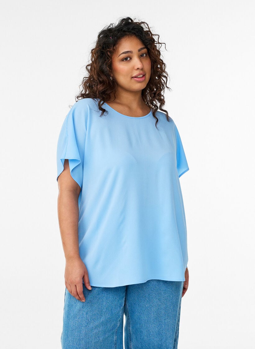 Bluse mit kurzen &Auml;rmeln und Rundhalsausschnitt, Blau, Model image number 0