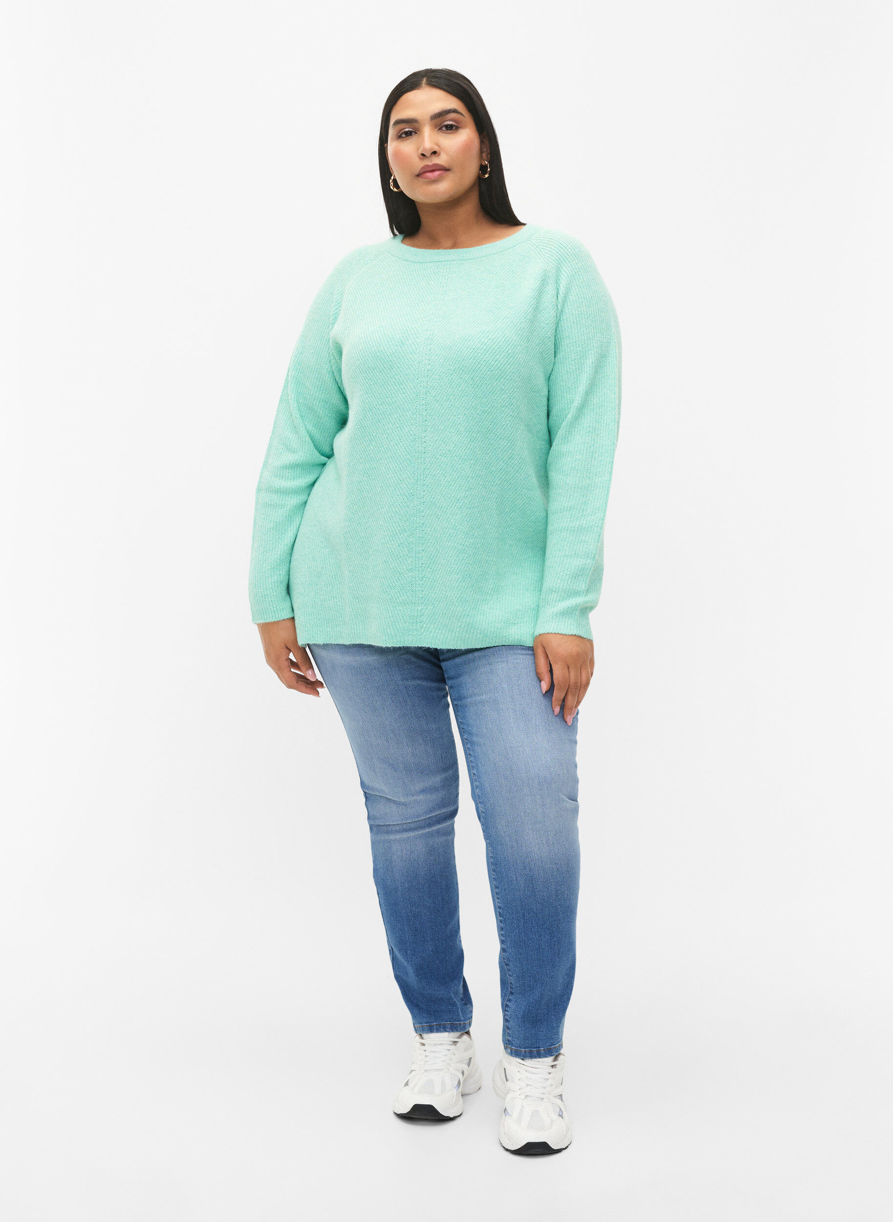 Zizzi Melange-Pullover mit Seitenschlitz, Cabbage/White, Model image number 2