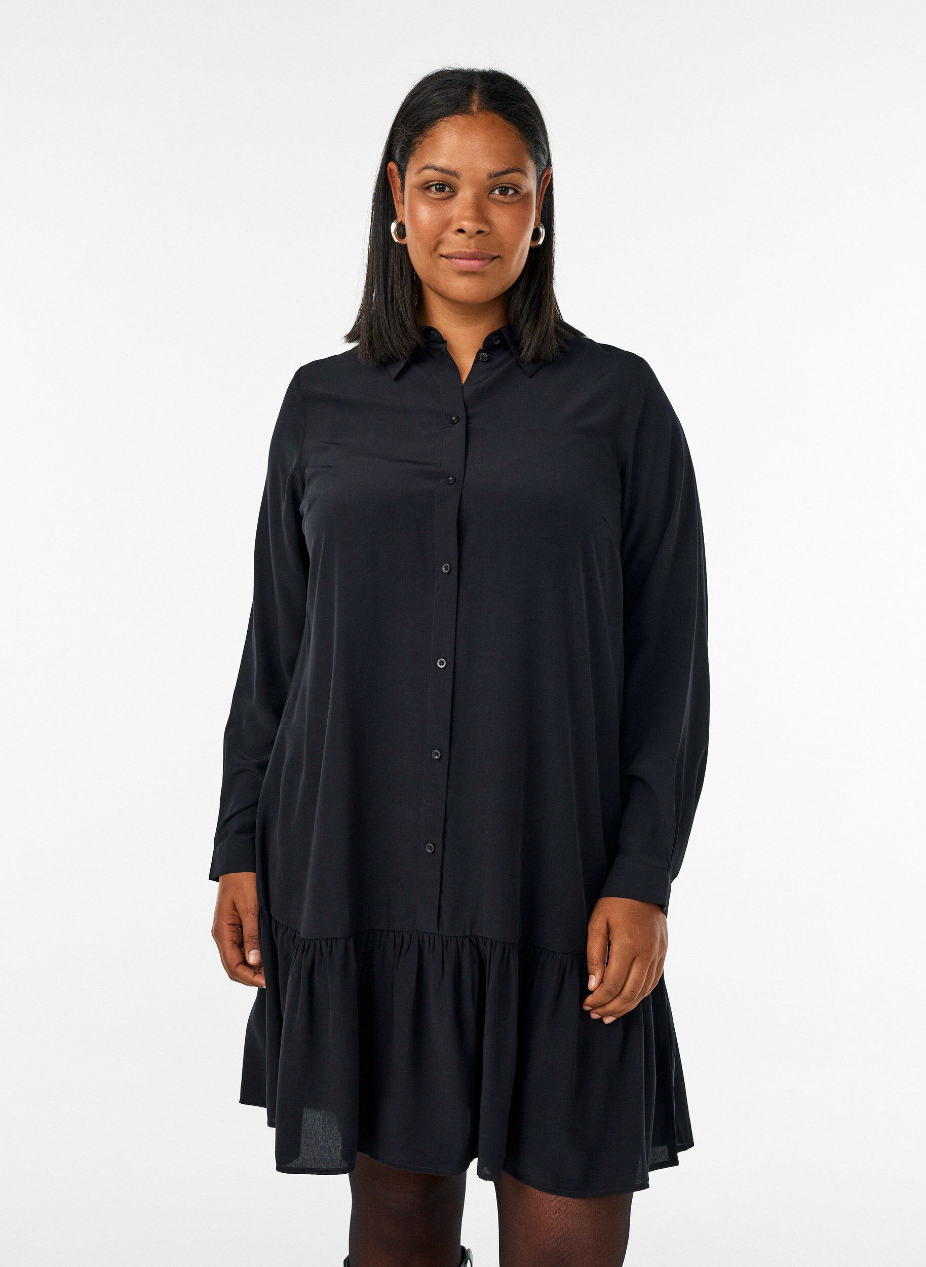 ZizziKurzes Hemdblusenkleid mit R&uuml;schenvolant, Schwarz, Model image number 0