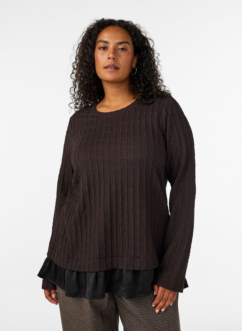 Strukturierte Bluse mit R&uuml;schensaum, Braun, Model image number 0
