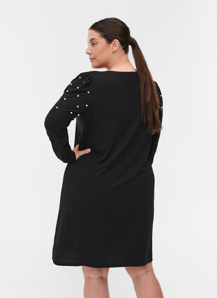 Kleid mit langen Puffärmeln und Perlen, Black, Model image number 1
