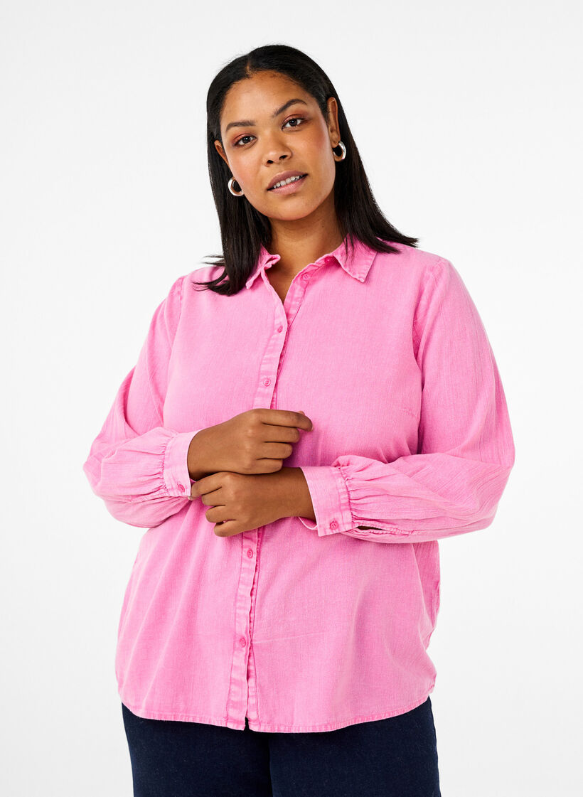 Einfarbige Jeansbluse, Pink Power, Model image number 0