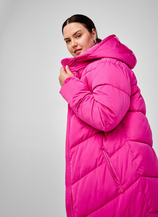 Langer Puffermantel mit Kapuze und Taschen - Pink - Gr. 42-64 - Zizzi