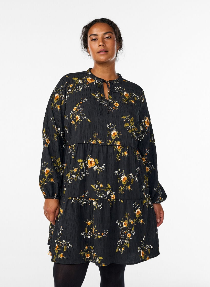 Gebl&uuml;mtes Kleid mit Bindeverschluss, Schwarz, Model image number 0