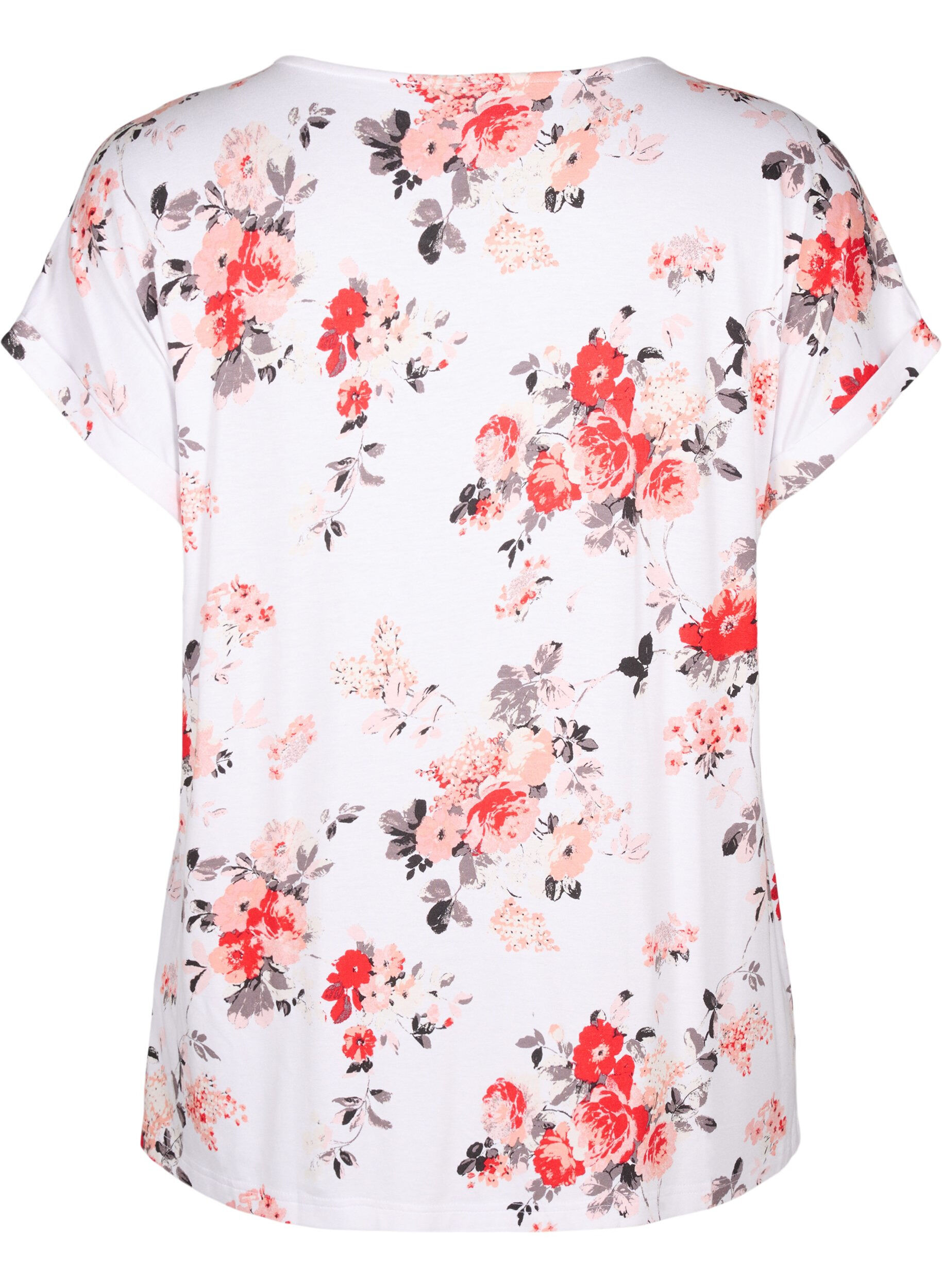 Zizzi Gebl&uuml;mte Bluse aus Viskose mit kurzen &Auml;rmeln, White AOP flower, Packshot image number 1