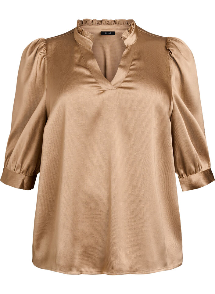 Bluse in Satin-Optik mit 1/2-&Auml;rmeln und R&uuml;schenkragen, Braun, Packshot image number 0