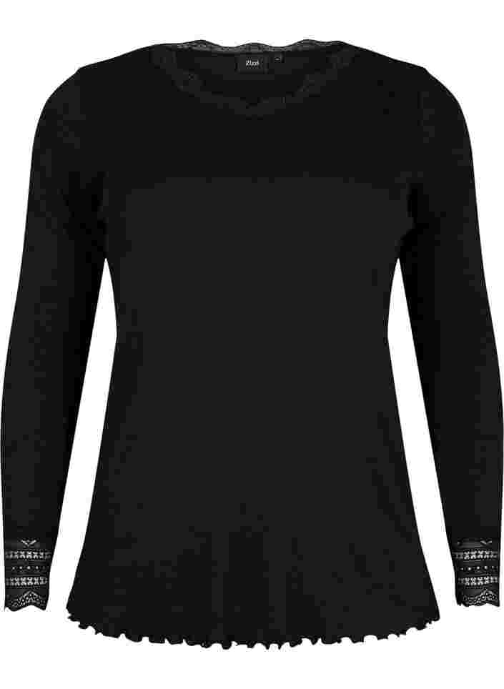 Langarm Bluse mit Spitzendetails, Black, Packshot image number 0