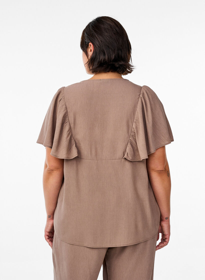 Bluse mit kurzen Rüschenärmeln, Braun, Model image number 2