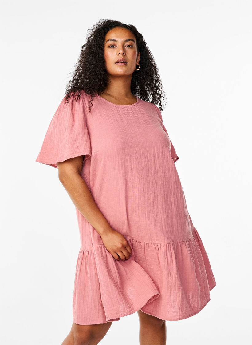 Kurzärmliges Kleid aus Baumwolle mit A-Linien-Schnitt, Old Rose, Model image number 0