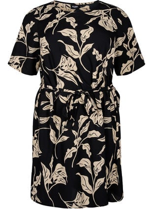 FLASH – Kurzärmeliges Kleid mit Gürtel, Black Off White Fl., Packshot image number 0