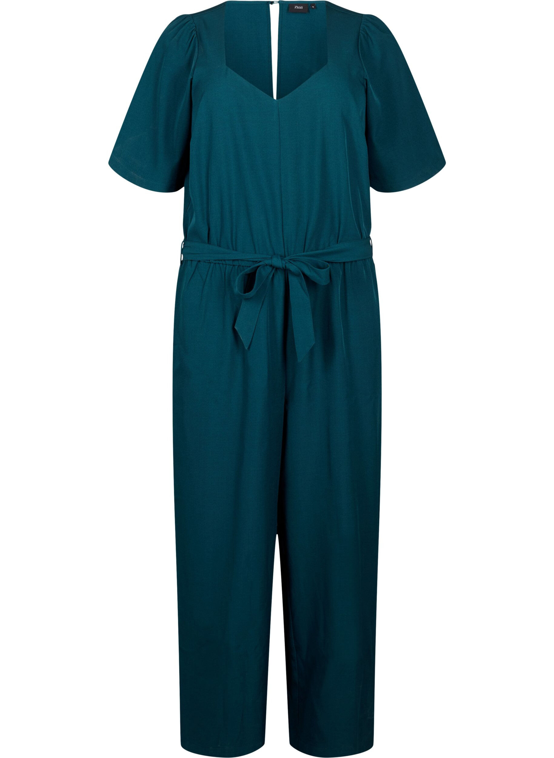 Zizzi Jumpsuit mit G&uuml;rtel und kurzen &Auml;rmeln, Sea Moss Melange, Packshot image number 0