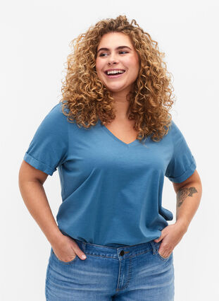 Baumwoll-T-Shirt mit V-Ausschnitt, Aegean Blue, Model image number 0