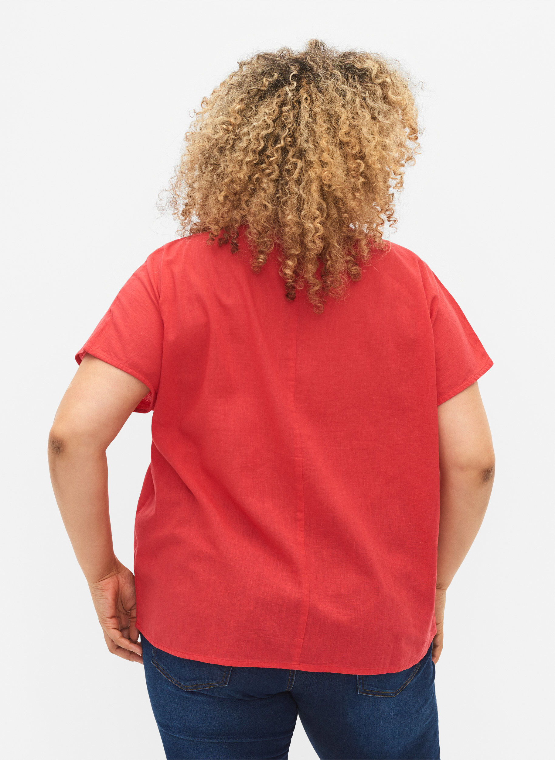 Zizzi Kurz&auml;rmelige Bluse aus Baumwollmischung mit Leinen, Hibiscus, Model image number 1