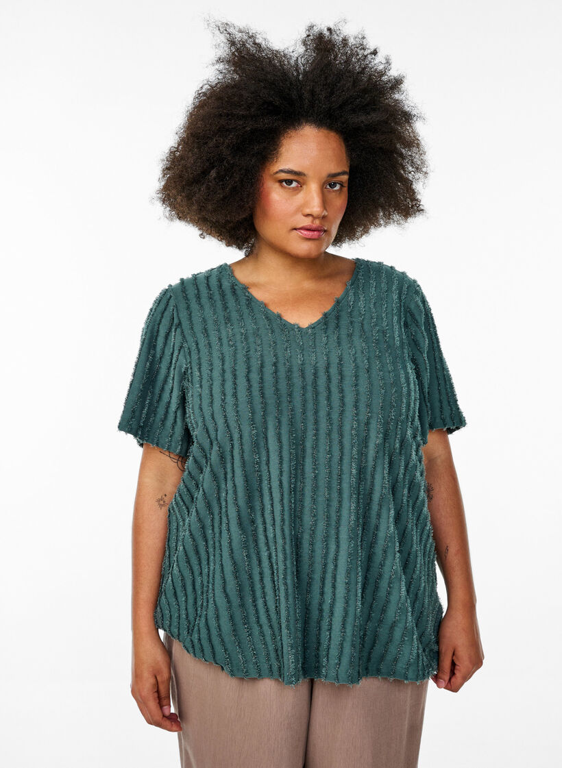 Bluse mit kurzen Ärmeln und Streifenstruktur, Grün, Model image number 0