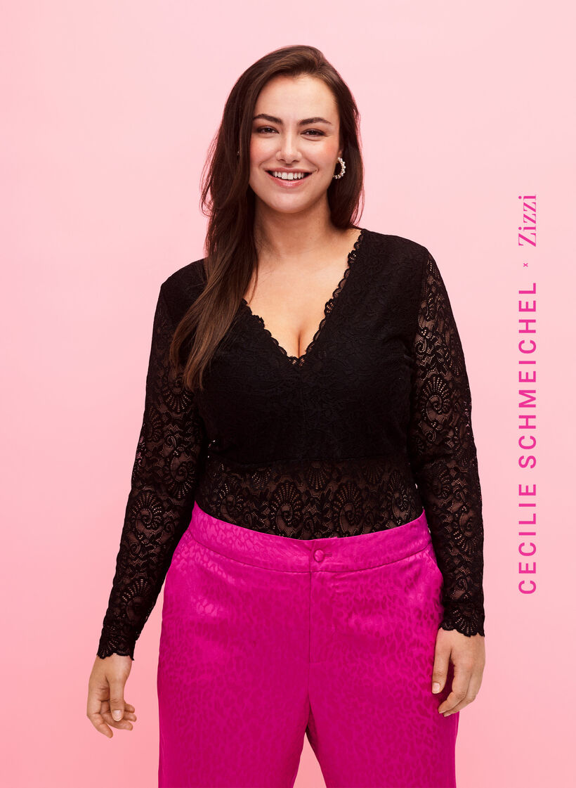 Langärmeliger Spitzen-Bodystocking mit V-Ausschnitt, Black, Model image number 0