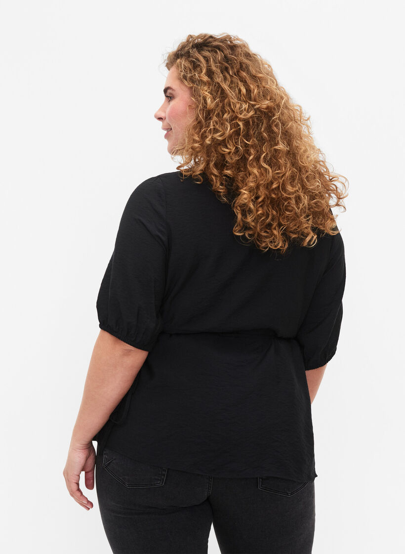 Wickelbluse aus Viskose mit halblangen Ärmeln, Black, Model image number 1