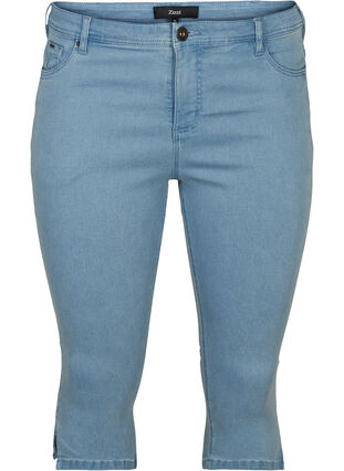 Hochtaillierte Capri Jeans aus Baumwollmischung, Light blue denim, Packshot image number 0