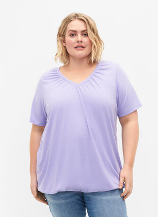 Meliertes T-Shirt mit elastischem Saum, Lavender Mél, Model image number 0