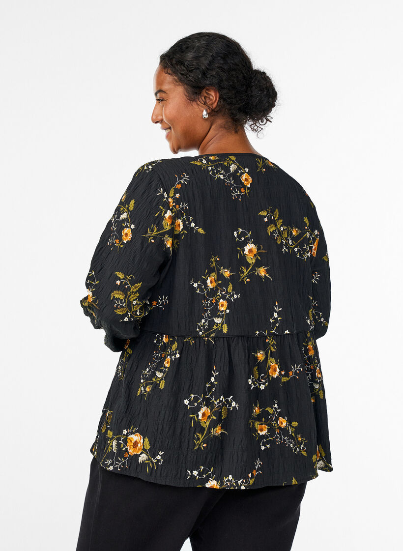 Lang&auml;rmelige Bluse mit gebl&uuml;mtem Muster, Schwarz, Model image number 2