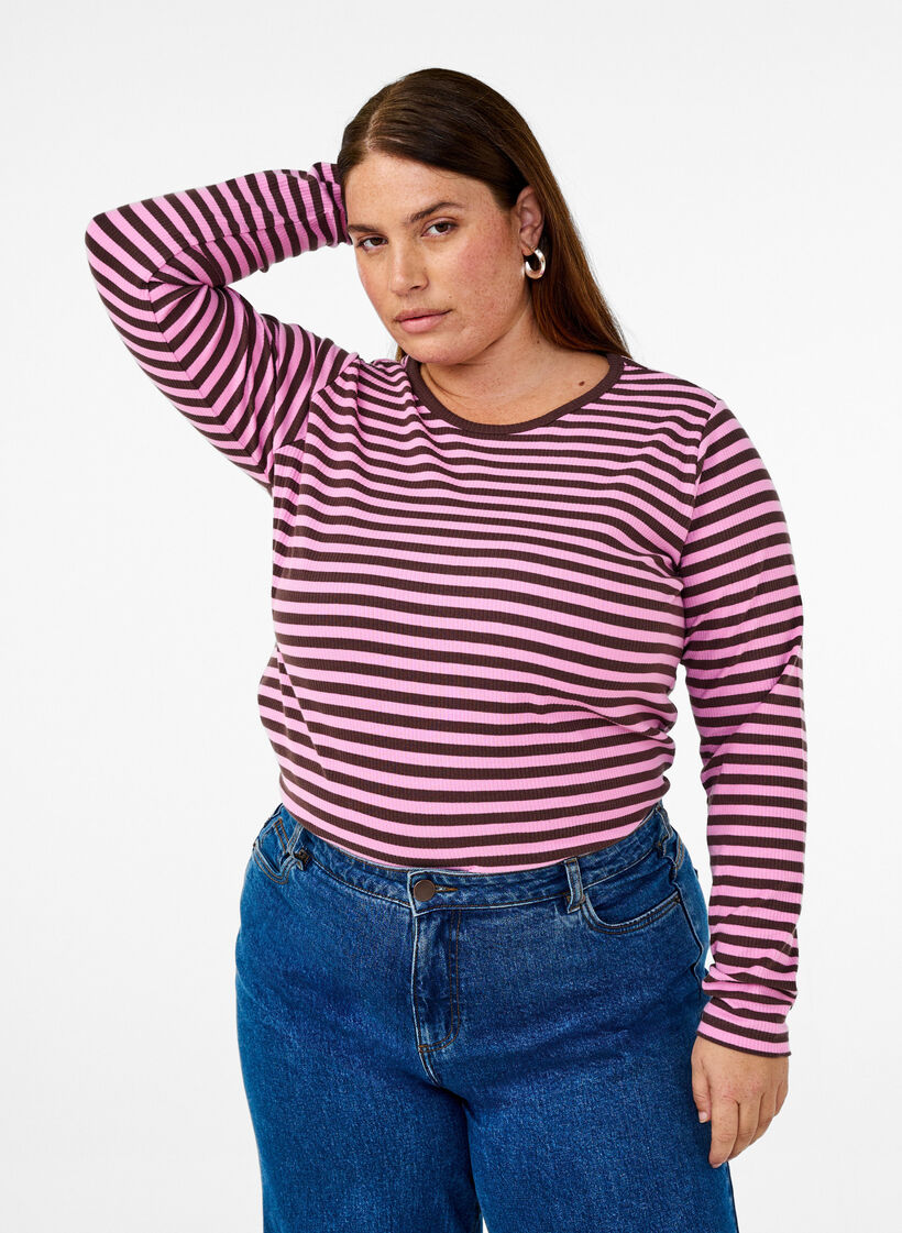 Gestreifte Bluse mit langen &Auml;rmeln, Pink, Model image number 0
