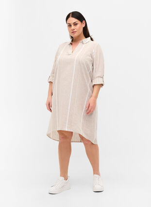 Kleid mit V-Ausschnitt und Kragen, White Taupe Stripe, Model image number 2