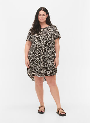 Kleid mit Aufdruck und kurzen Ärmeln, Black/White Animal, Model image number 2
