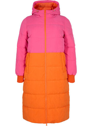 Lange Winterjacke mit Colour-Block, Pink W/Orange, Packshot image number 0