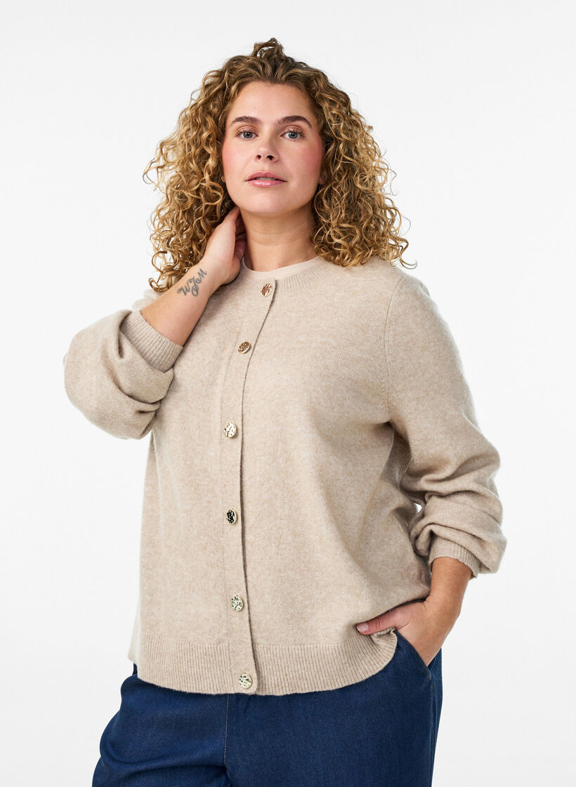 Strickjacke aus weichem Strick mit goldfarbenen Kn&ouml;pfen, Beige, Model image number 0
