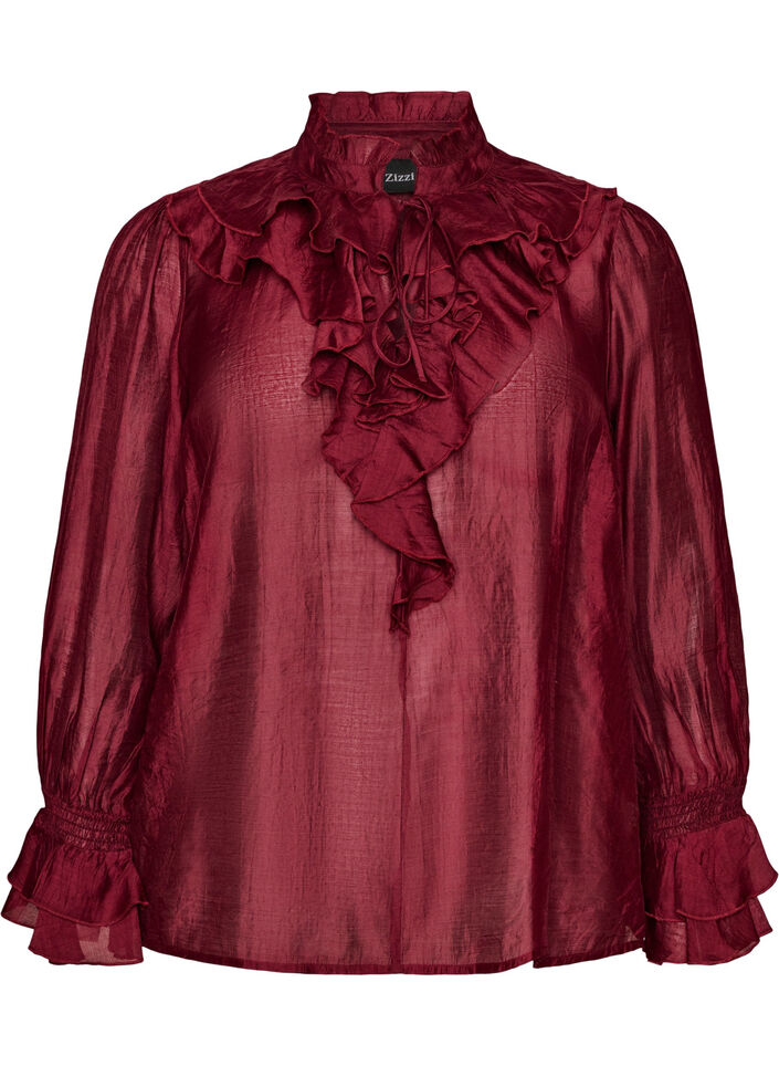 Viskosebluse mit R&uuml;schen und langen &Auml;rmeln, Rot, Packshot image number 0