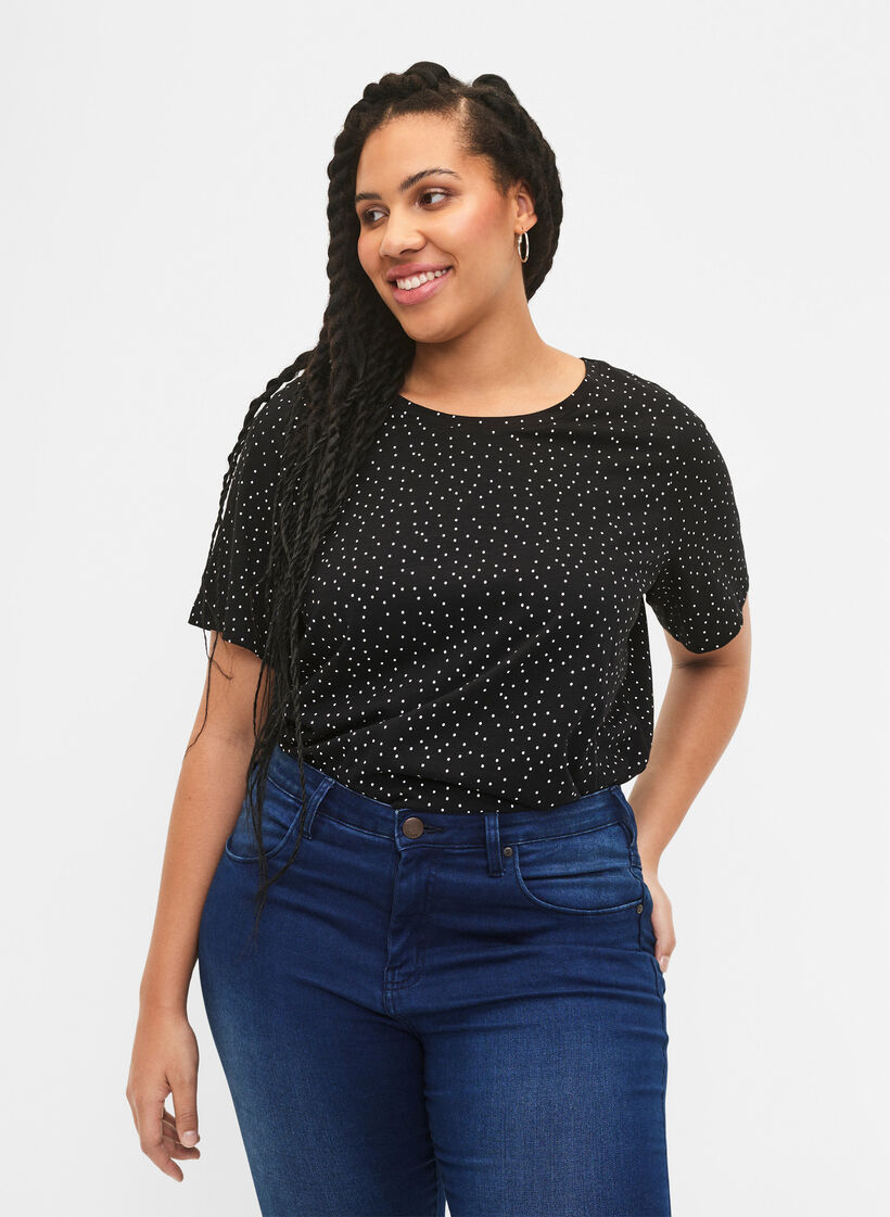T-Shirt aus Bio-Baumwolle mit Punktmuster	, Schwarz, Model image number 0