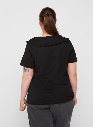 Kurzarm T-Shirt aus Baumwolle mit Kragen, Black, Model image number 1