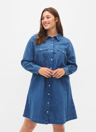 Jeanskleid mit Knöpfen, Blue denim, Model image number 0