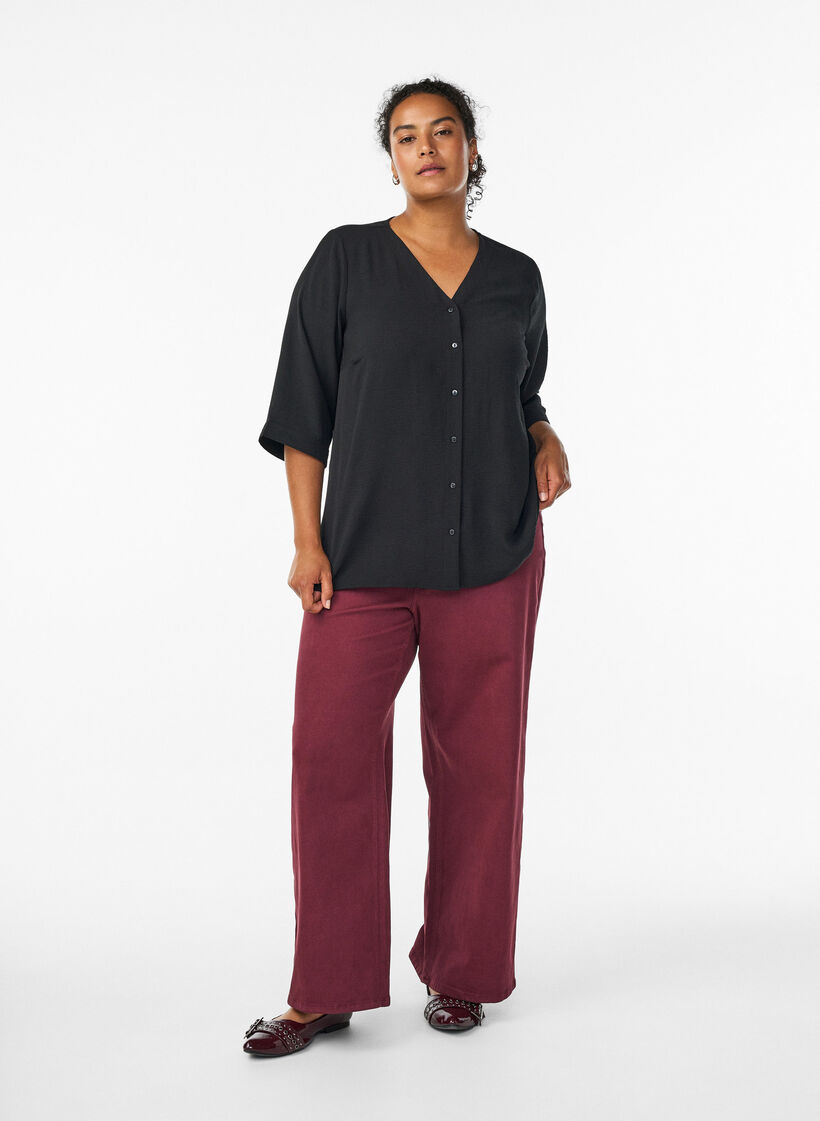 Bluse mit V-Ausschnitt und 3/4-&Auml;rmeln, Schwarz, Model image number 1