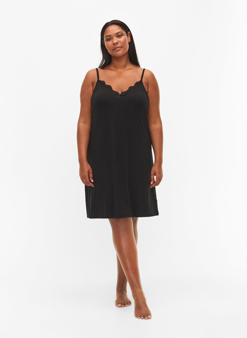 Neglig&eacute; mit Spitzensaum aus Viskose, Schwarz, Model image number 1