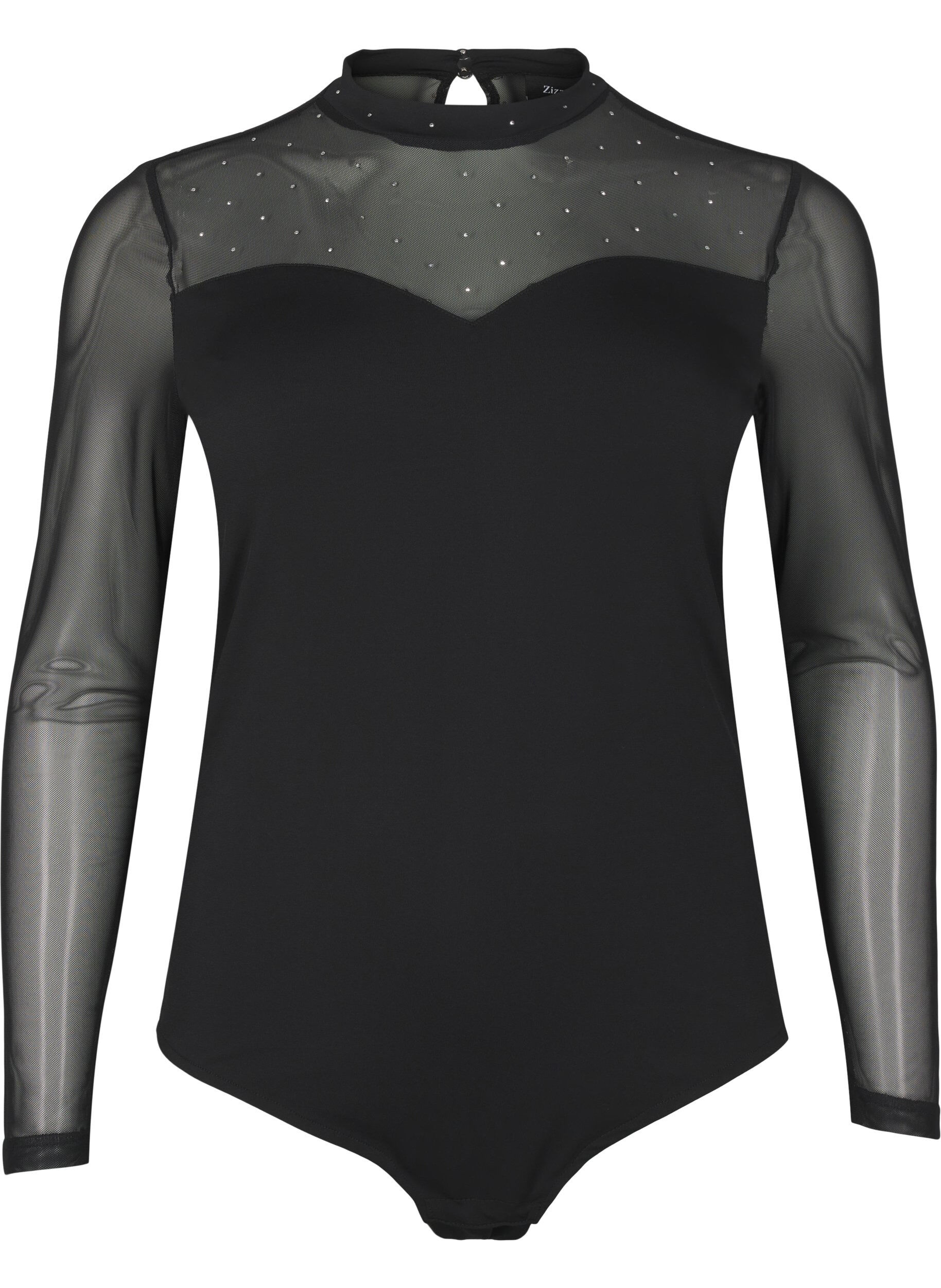 Zizzi Body mit Nieten und langen Mesh-&Auml;rmeln, Black, Packshot image number 0