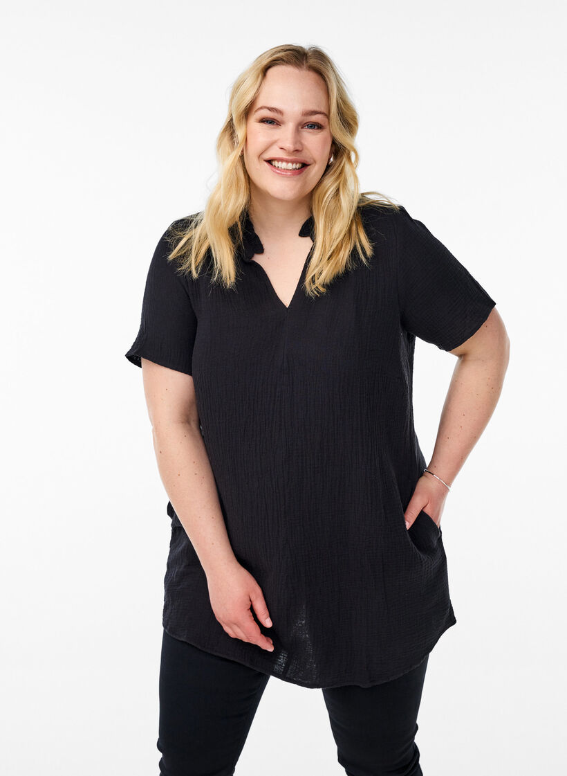 Tunika aus Baumwollmusselin mit kurzen Ärmeln, Schwarz, Model image number 0