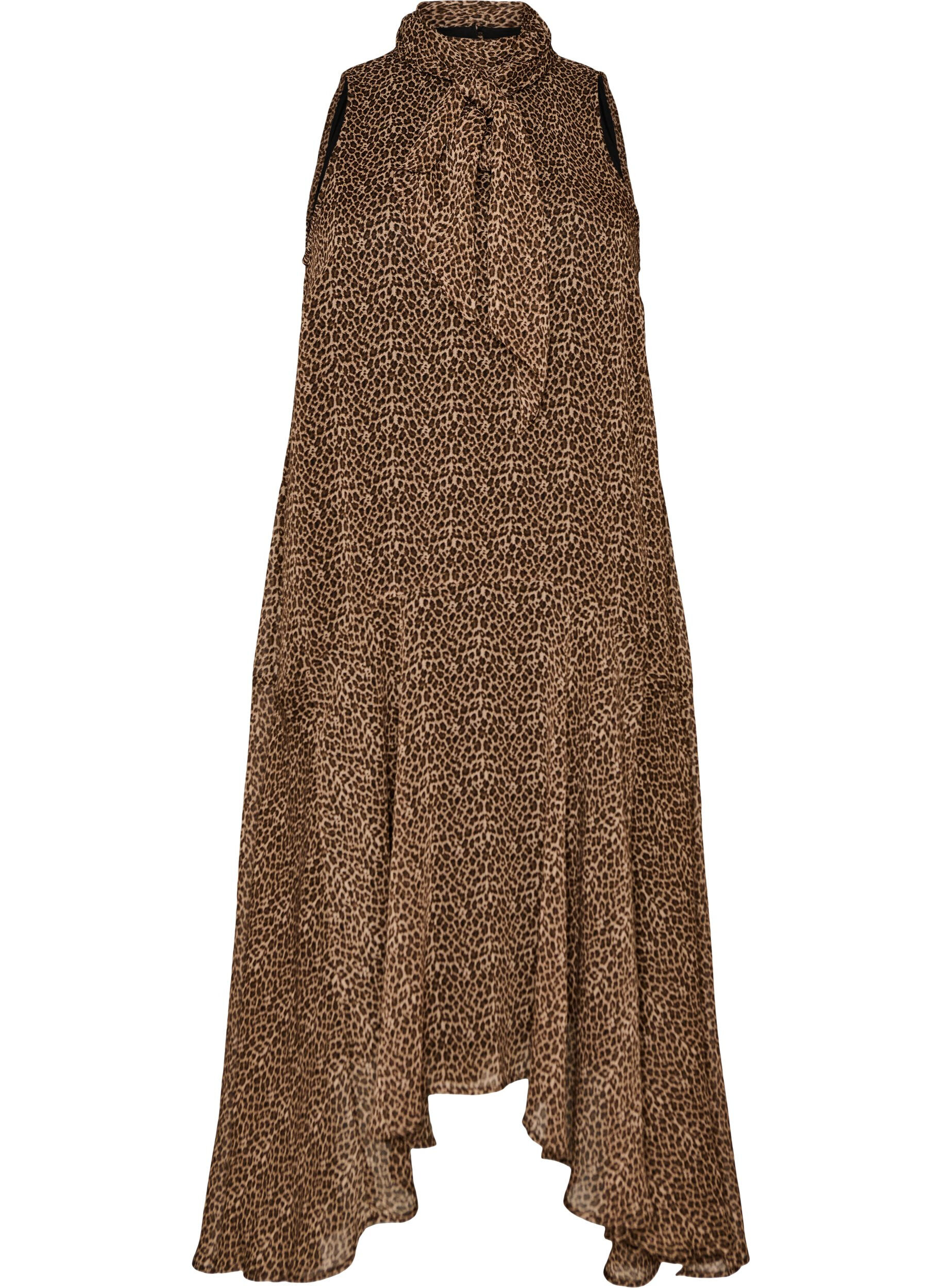 ZizziMidikleid aus Chiffon mit Leo-Print und Bindeband in der Taille, Braun, Packshot image number 0