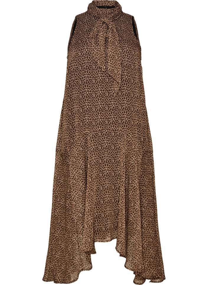 Midikleid aus Chiffon mit Leo-Print und Bindeband in der Taille, Braun, Packshot image number 0