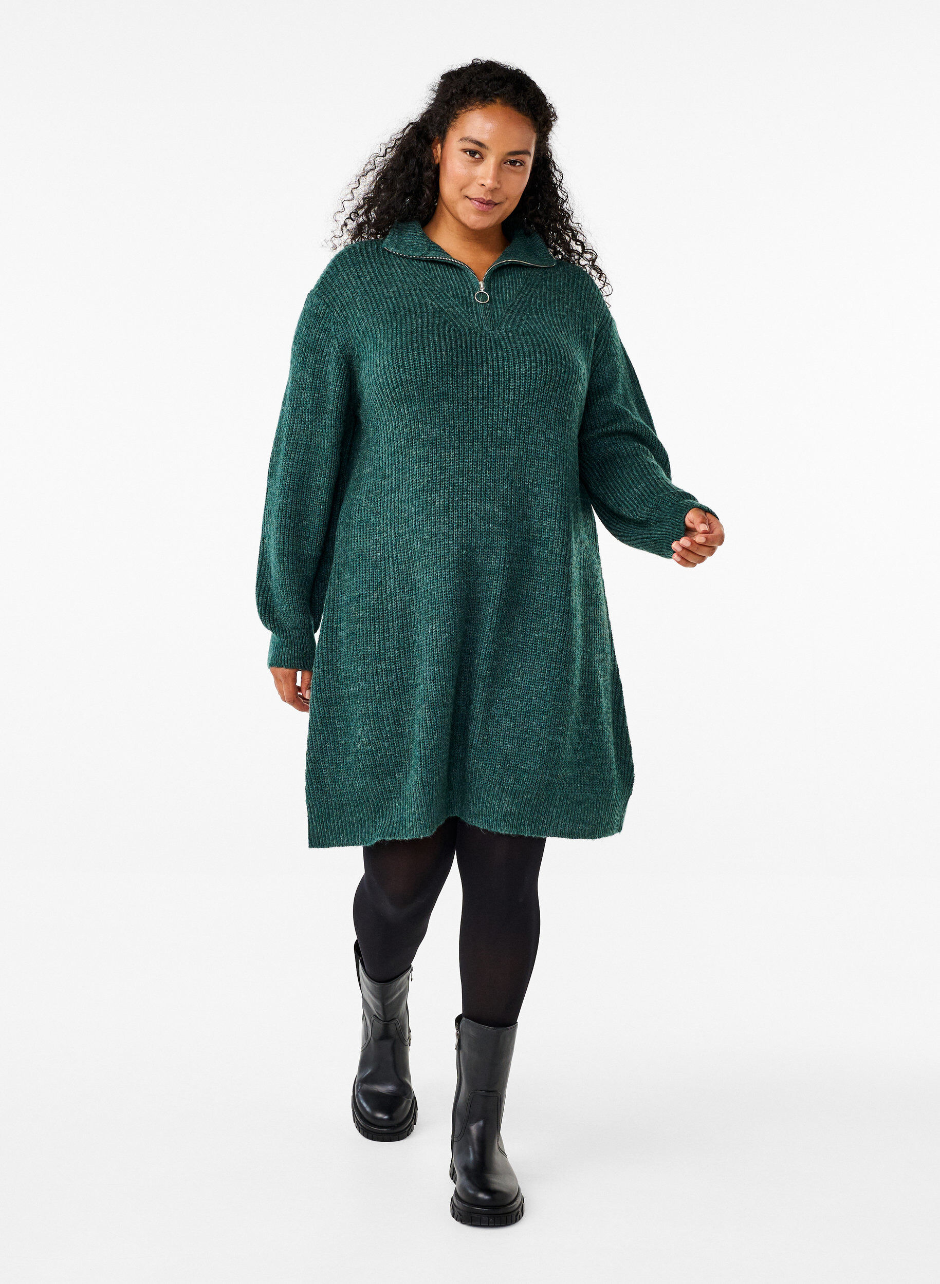 Zizzi Flash - Strickkleid mit hohem Kragen, Sea Moss Mel., Model image number 2