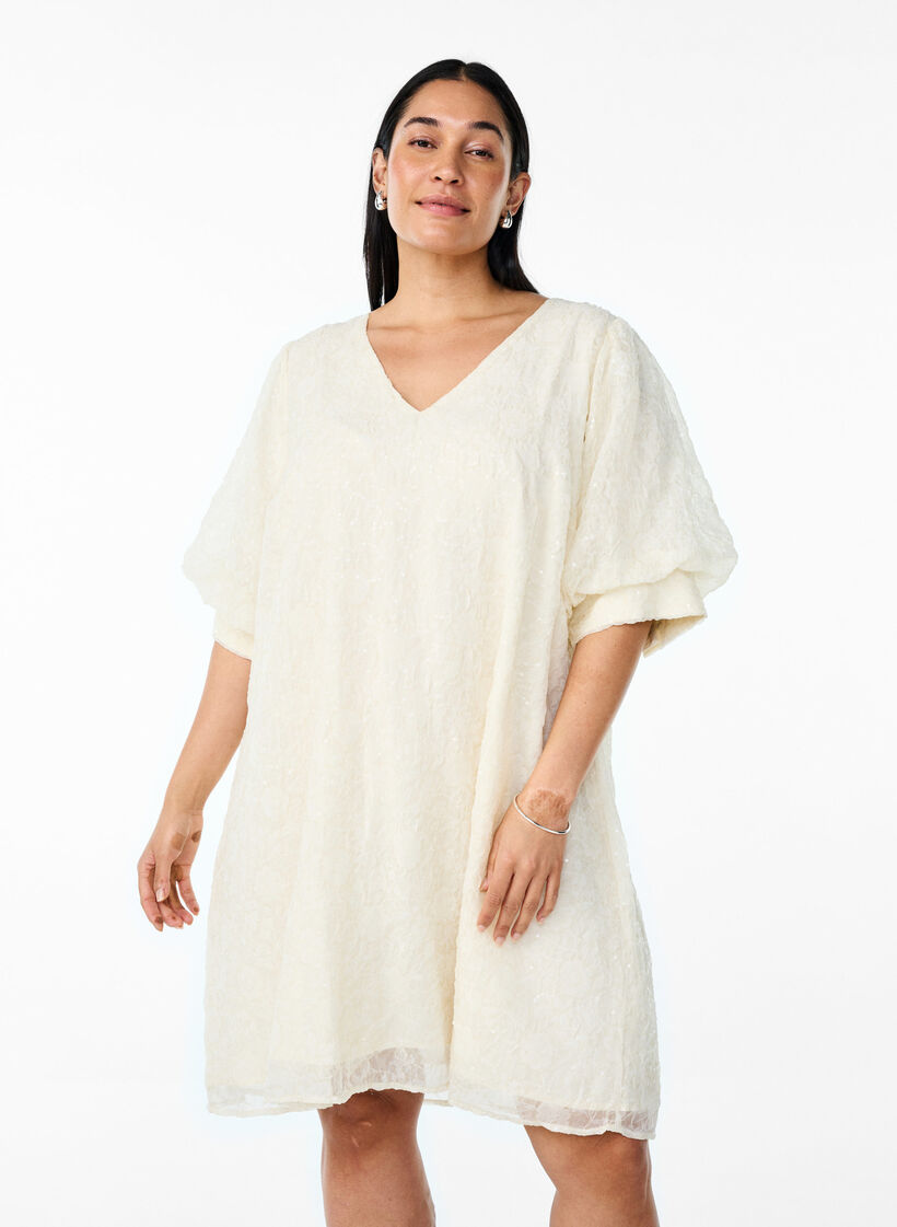 Kurzes Festkleid mit Pailletten, Vanille, Model image number 1