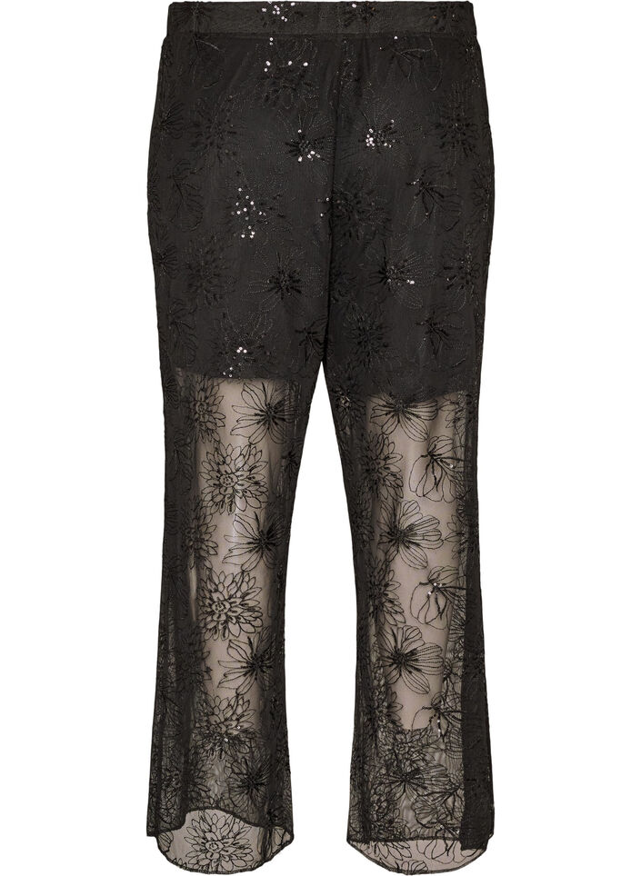 Hose aus Mesh mit floraler Stickerei und Pailletten, Schwarz, Packshot image number 1