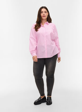 Gestreifte Bluse aus Baumwolle, White/ Pink Stripe, Model image number 2