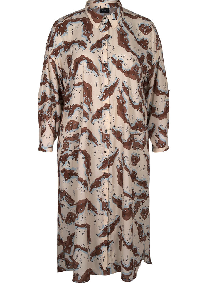 Gemustertes Kleid mit langen Ärmeln und Knöpfen, Camouflage AOP, Packshot image number 0